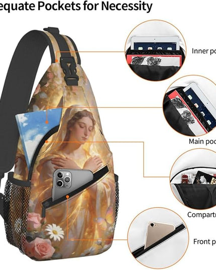 Our Lady of Guadalupe Sling Bag Crossbody Bags Clovers Chest Bag for Travel Hiking for Men Women Golden Mary 8
