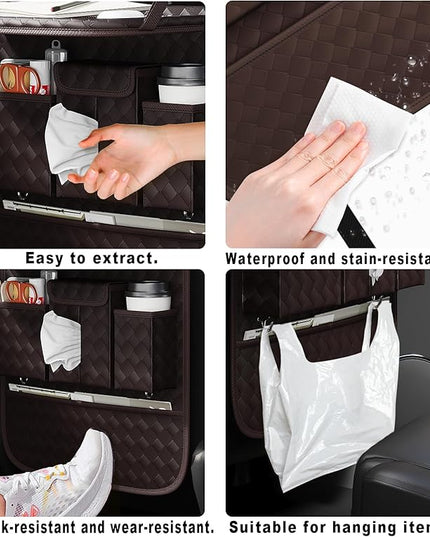 GMQ Back Seat Car Organizer 1 Pack,Backseat Organizer with Tray,Multifunctional Car Seat Back Storage Box with Foldable Tablet Holder (Coffee, Weave)