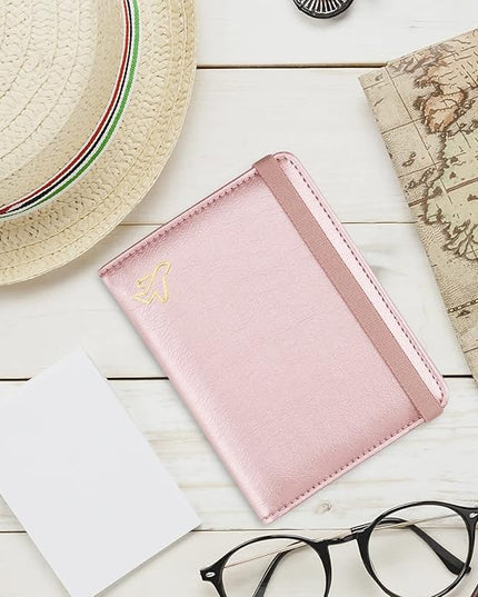 WALNEW Passport Holder for Travel, RFID Passport Cover Wallet for Women Men, PU Leather Passport Book Card Holder Case with Pen (Elastic Band Closure, C-Rosegold)