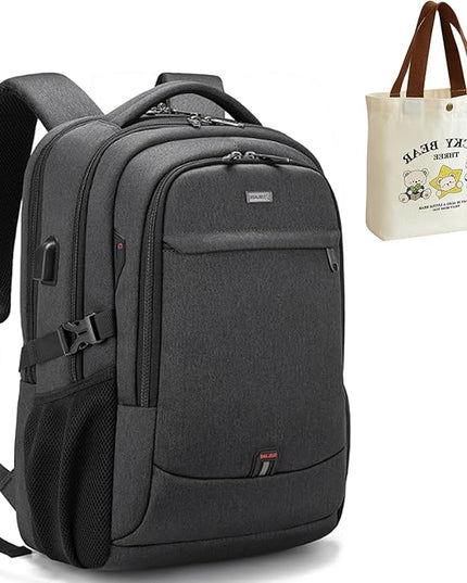 DUSLANG 17 Inch Laptop Backpack for Travel Water Resistant College Backpack for Men/Women Laptop Bag with USB Charging Port and Small Canvas Tote Bag, Black