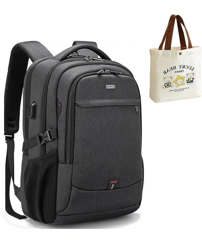 DUSLANG 17 Inch Laptop Backpack for Travel Water Resistant College Backpack for Men/Women Laptop Bag with USB Charging Port and Small Canvas Tote Bag, Black