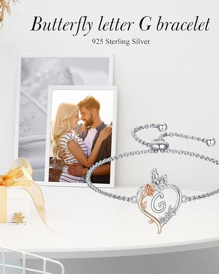 TOUPOP Gifts for Women Rose Heart Initial Bracelet 925 Sterling Silver Butterfly Letter Link Bracelet Love Jewelry Valentines Day Birthday Gifts for Her Wife Girlfriend Mom