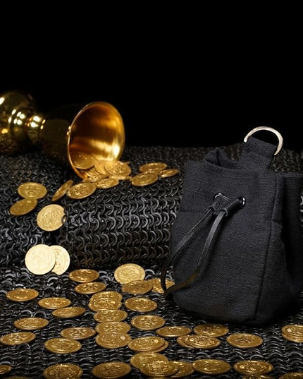 Mythrojan Medieval Pouch Renaissance Canvas Drawstring Belt Pouch Viking Cosplay Costume Accessories Jewelry Coin Purse for LARP, SCA, Historical Reenactments, Black - 5" x 3.5" x 4"