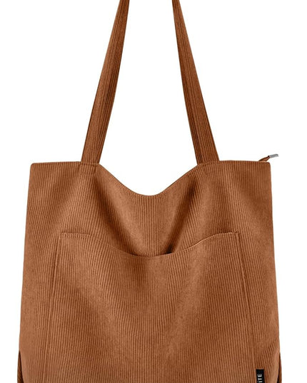 Prite Corduroy Tote Bag for Women Large Shoulder Bag with Zipper and Pockets for College Work Travel Shopping