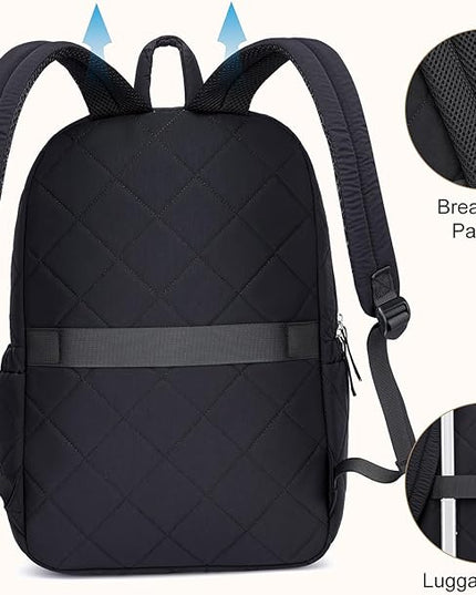 College Laptop Backpack, School Backpack for Girls Boys, Quilted Casual Daypack, Water-Resistant Bookbag for 15.6 Inch Laptop, Black