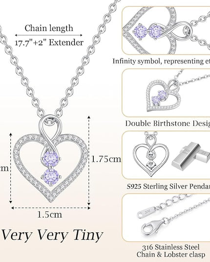 LOUISA SECRET Infinity Double Birthstone Necklace, 925 Sterling Silver Tiny Pendant Heart Necklace for Women Wife Her, Best Jewelry Gift Heart Jewelry Meaningful Gift for Valentine's Day, Christmas, Birthday Anniversary