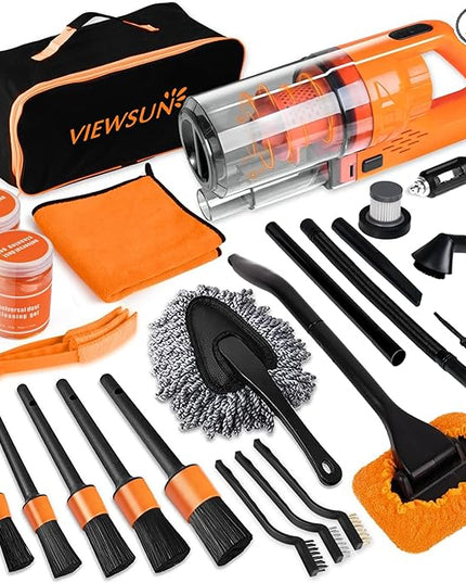 Viewsun Car Cleaning Kit, Orange 17pcs Car Interior Detailing Kit with High Power Handheld Vacuum, Detailing Brush Set, Windshield Cleaner, Cleaning Gel, Complete Auto Accessories for Women Men Teens