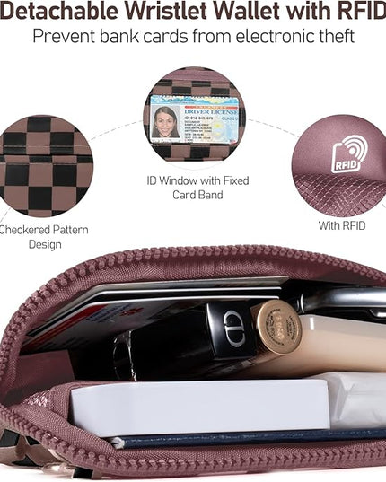 Clip and Go Strap for Phone with Wallet Crossbody Phone Lanyard and Detachable Checkered Bag with ID Window and RFID Pouch for Daily Travel.