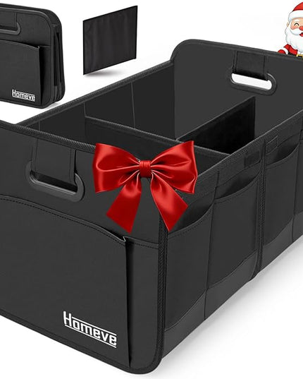 Homeve Trunk Organizer, Car Storage, Reinforced Handles, Collapsible Multi-Compartment, Foldable, Waterproof, Sturdy, 600D Oxford Polyester For Car, SUV, Mini-Van, Black, 2 Compart