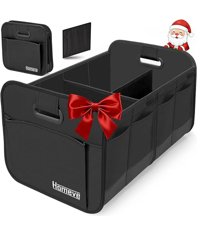 Homeve Trunk Organizer, Car Storage, Reinforced Handles, Collapsible Multi-Compartment, Foldable, Waterproof, Sturdy, 600D Oxford Polyester For Car, SUV, Mini-Van, Black, 2 Compart