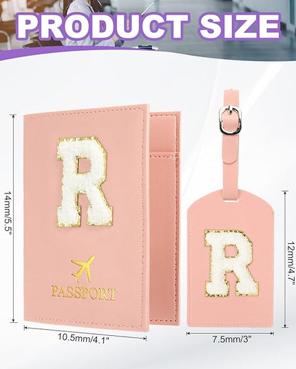 PATIKIL Passport Holder for Travel, Initial Passport Cover and Luggage Tag Set with Alphabet Chenille Letter Patch Travel Wallet Bag Suitcase Identifier for Women Family Travel Pink R