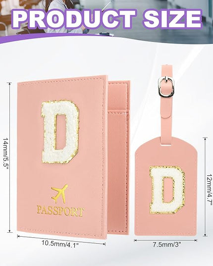 PATIKIL Passport Holder for Travel, Initial Passport Cover and Luggage Tag Set with Alphabet Chenille Letter Patch Travel Wallet Bag Suitcase Identifier for Women Family Travel Pink D