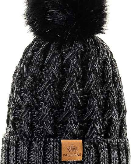 PAGE ONE Womens Winter Ribbed Beanie Crossed Cap Chunky Cable Knit Pompom Soft Warm Hat