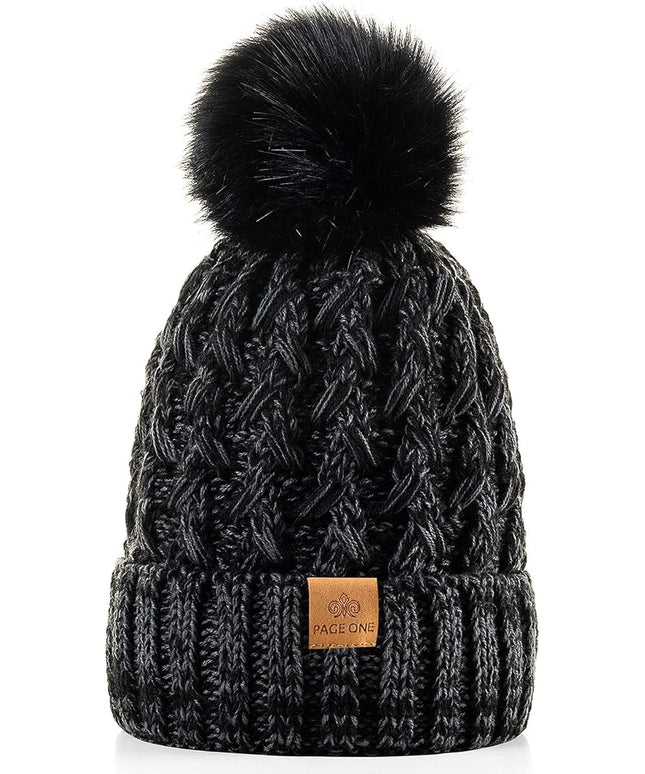 PAGE ONE Womens Winter Ribbed Beanie Crossed Cap Chunky Cable Knit Pompom Soft Warm Hat
