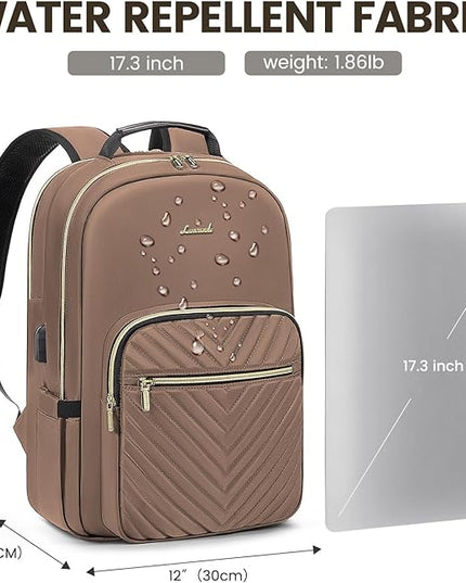 LOVEVOOK Laptop Backpack for Women 17.3 inch,Cute Womens Travel Backpack Purse,Professional Laptop Computer Bag,Waterproof Work Business College Teacher Bags Carry on Backpack with USB Port,Brown