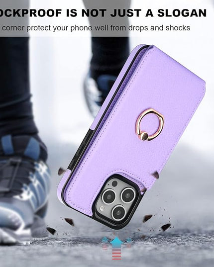 Folosu Compatible with iPhone 16 Pro Max Case Wallet with Card Holder, 360°Rotation Finger Ring Holder Kickstand, RFID Blocking Leather Protective Double Buttons Shockproof Cover 6.9 Inch Purple