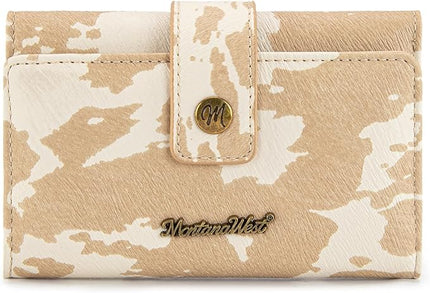 Montana West Small Wallets for Women Trifold Cow Print Wallet Ladies Female Credit Card Cash Wallet Western RFID Blocking Womens Wallets Khaki with ID Window