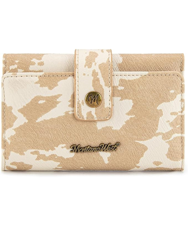 Montana West Small Wallets for Women Trifold Cow Print Wallet Ladies Female Credit Card Cash Wallet Western RFID Blocking Womens Wallets Khaki with ID Window