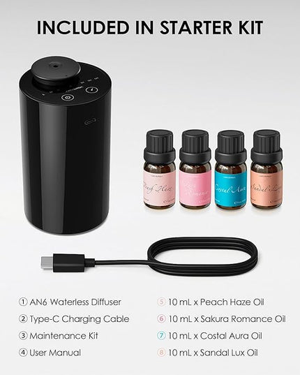 Airversa Waterless Essential Oil Diffuser Starter Kit with 4 x 10mL Fragrance Scent Oil, Battery Operated Mini Scent Air Machine Portable Diffuser for Home Car Office, AN6 Black Kit01