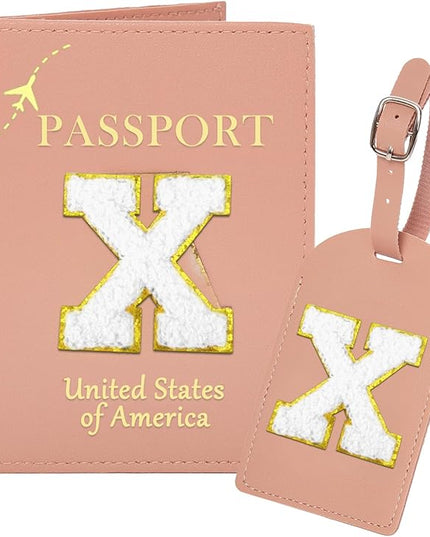 Initial Passport Cover Holder and Luggage tag Set,PU Leather Passport Case Travel Suitcase Tag with Letter Patch, Personalized Travel Luggage Accessories Gifts for Women Grils Teenage Pink X