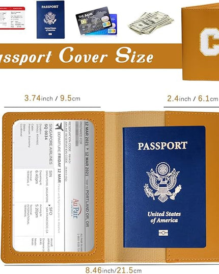 Initial Passport Cover Holder and Luggage tag Set,PU Leather Passport Case Travel Suitcase Tag with Letter Patch, Personalized Travel Luggage Accessories Gifts for Women Grils Teenage Ginger G