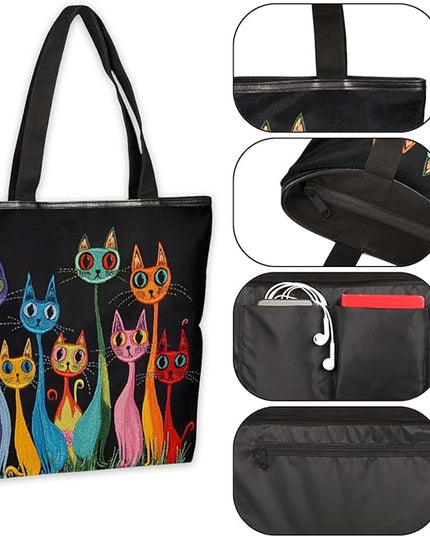 Pardick Canvas Tote Bags, Cute Funny Cats Tote Bag Eco Friendly Reusable Grocery Shopping Bagsfor Beach, Books, Women with Zipper Inner Pocket