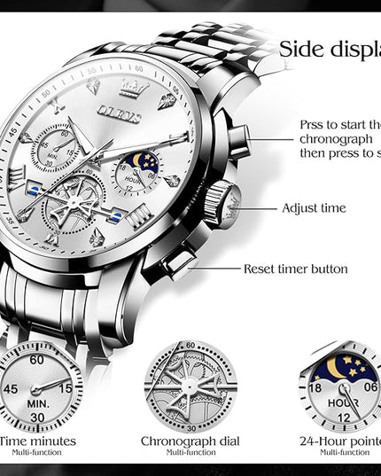OLEVS Mens Watches Chronograph Watch Luxury Dress Stainless Steel Waterproof Watches for Men Moon Phase Luminous Business Calendar Wrist Watch Blue/Black/Green/Gold/Face