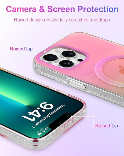 Aesthetic Case for iPhone 13 Pro Case for Women Girls, Compatible with Magsafe, Cute Girly Trendy Glitter Sparkly Rainbow Magnetic Protective Phone Cover, Matte Iridescent Pink & Green