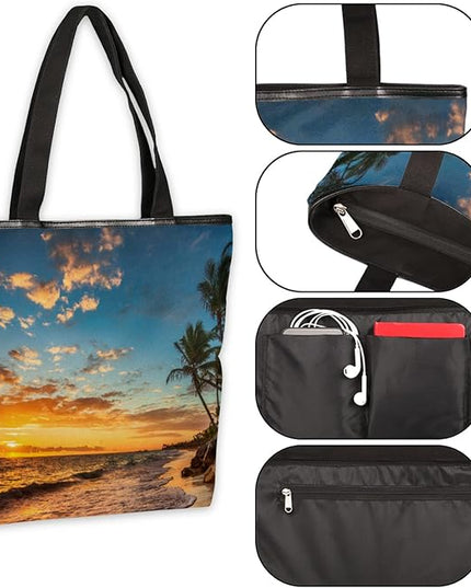 Pardick Palm Tree Beach Print Canvas Tote Bag, Eco Friendly Reusable Grocery Shopping Bags Beach Bag Book Tote Handbags Washable Shoulder Bag With Zipper Inner Pocket for Women Girls
