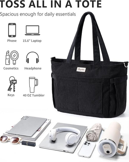Corduroy Tote Bag for Women, 17 Pockets Laptop Work Tote Bag Lightweight Teacher Nurse Bible Bag for School Travel | with 40oz Cup Holder, Multi Compartment, Zipper Crossbody Bag, College Shoulder Bag, Daily Purse w/ Strap, Ideal Gift for Women