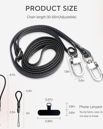 Crossbody Phone Strap with 2 Pads, Leather & Adjustable Finger Strap - Compatible with Most Smartphones (Black)