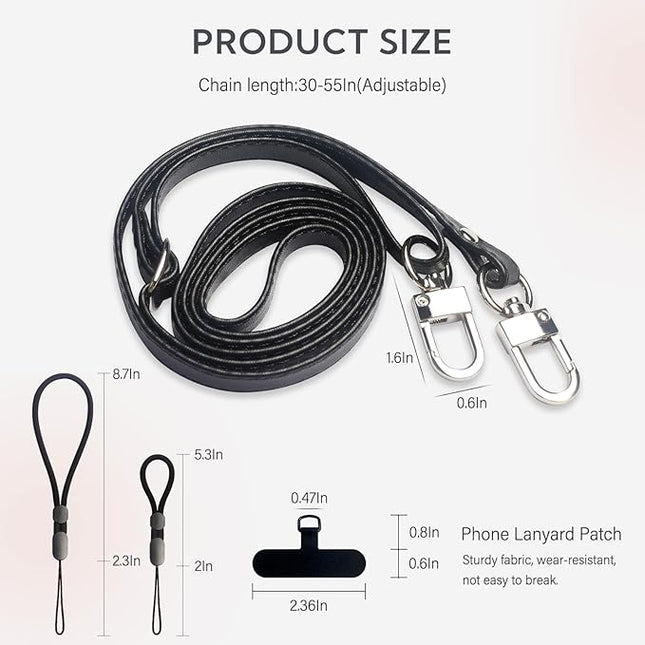 Crossbody Phone Strap with 2 Pads, Leather & Adjustable Finger Strap - Compatible with Most Smartphones (Black)