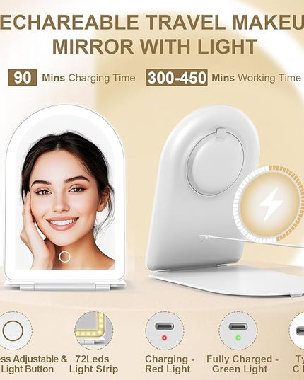 Mocado Travel Makeup Mirror with Light, 1x/10x Magnifying Mirror with Light, 3 Colors Lighted Magnifying Mirror, 2000mAh Rechargeable Lighted Makeup Mirror, Memory Function (Arched-White)