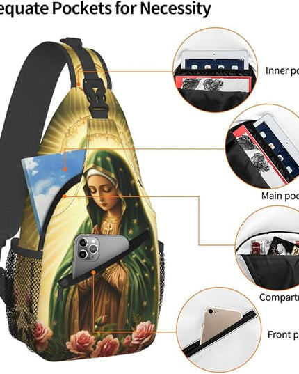 Our Lady of Guadalupe Sling Bag Crossbody Bags Clovers Chest Bag for Travel Hiking for Men Women Flower Mary 3