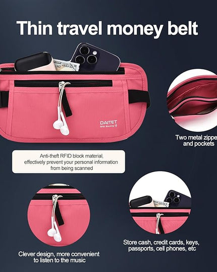 RFID Blocking Money Belt for Men Women, Slim Fanny Pack for Travel，Running,Conceal Waist Wallet for Passport Holder,Phone,Cash(Hot Pink)