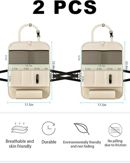 Car Seat Organizers,Multi-functional Back Seat Protectors, Storage Pouches, Child kicking prevention and Tray Holders (for Cars, Kids, Seat Back and Rear Seats) (Beige, 2 Pcs)