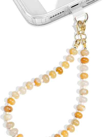 Natural Stone Beaded Phone Wrist Strap for Women – Detachable Chain Wristlet, Durable 304 Stainless Steel Core (Yellow Jade)