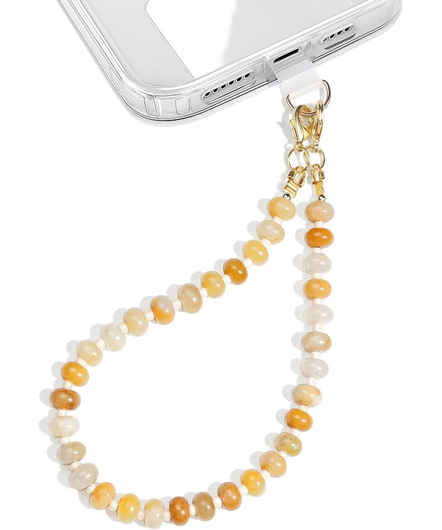Natural Stone Beaded Phone Wrist Strap for Women – Detachable Chain Wristlet, Durable 304 Stainless Steel Core (Yellow Jade)