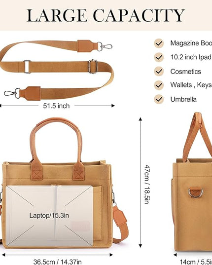Mossio Large Canvas Tote Bag for Women with Pockets - Laptop Crossbody Work Tote Bag Everyday Bag Shoulder Purse Handbag