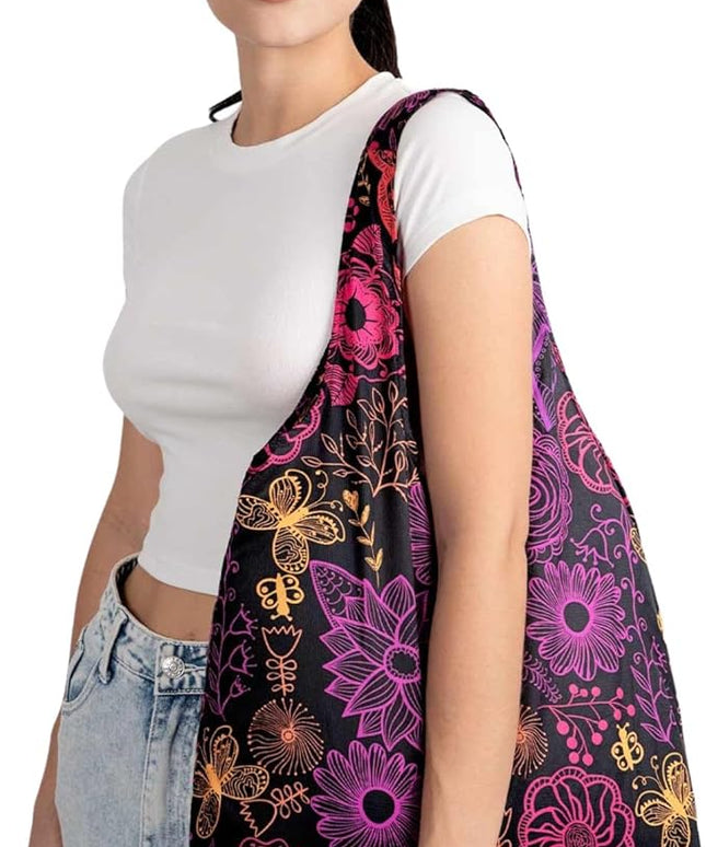 Nanobag Ultralight Foldable Tote for Women & Men, Reusable Grocery & Travel Bag, Packable Collapsible Compact Market Essential (Standard Neon Flowers)