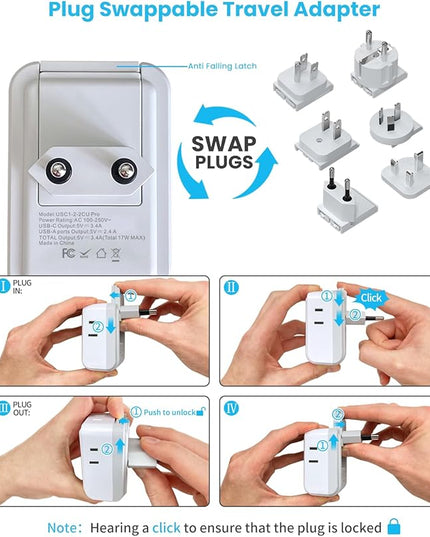 VINTAR Universal Travel Adapter Kit, International Power Adapter with 4 AC & 3 USB Ports(2 USB C), Type A,B,C,E/F,G,I, Swap Adapt Attachments, Travel Adapter Worldwide for Europe/UK/Aus/Japan/Africa