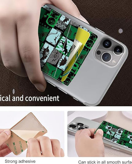 Phone Card Holder, Dual Pocket Leather Wallet Adhesive Stick On, Cute Credit Card Holder for Smartphones Case Compatible with Most Phone（dinosaur）