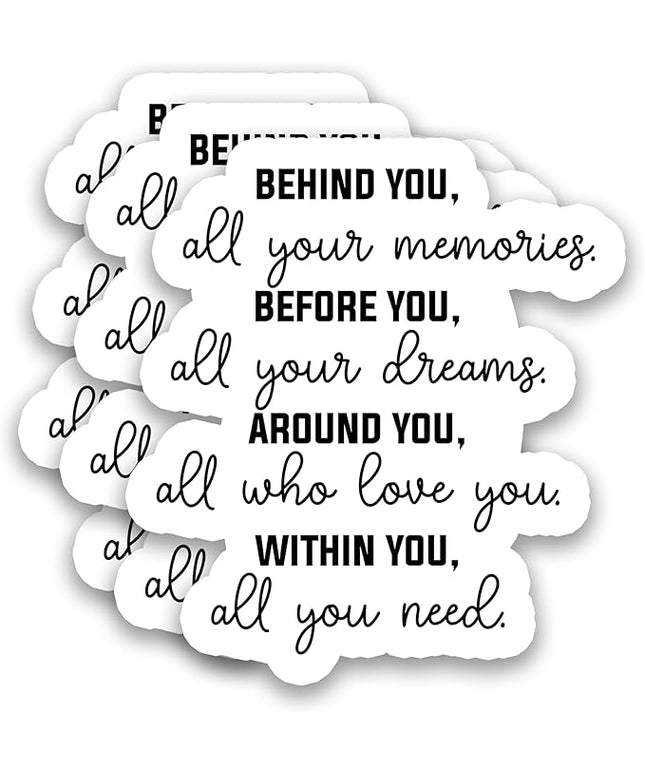 (3Pcs) Inspirational Quote Stickers “Behind You All Your Memories” Positive Encouraging Message Waterproof Vinyl Decals for Water Bottle, Laptop, Journal, Planner, Scrapbooking, 3" x 2.8"