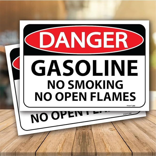 (2 pack) Danger Gasoline | No Smoking No Open Flames Sign | Gasoline Warning Sticker Decal for Storage Tanks, NFPA, OSHA | 7 x 10 inch