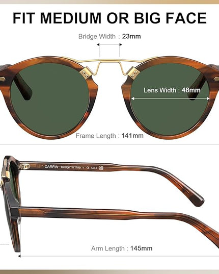 CARFIA Small Face Acetate Polarized Sunglasses for Women UV Protection, Retro Double Bridge Eyewears Metal Brow Round Sunnies