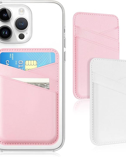 SS Phone Wallet Stick On - Leather Safe Card Holder for iPhone and Samsung Case, Minimalist Double Pocket Back of Cell Phone, Compatible With iPhone 16/15/14/13/12 Series, Pink White (2 Pack)