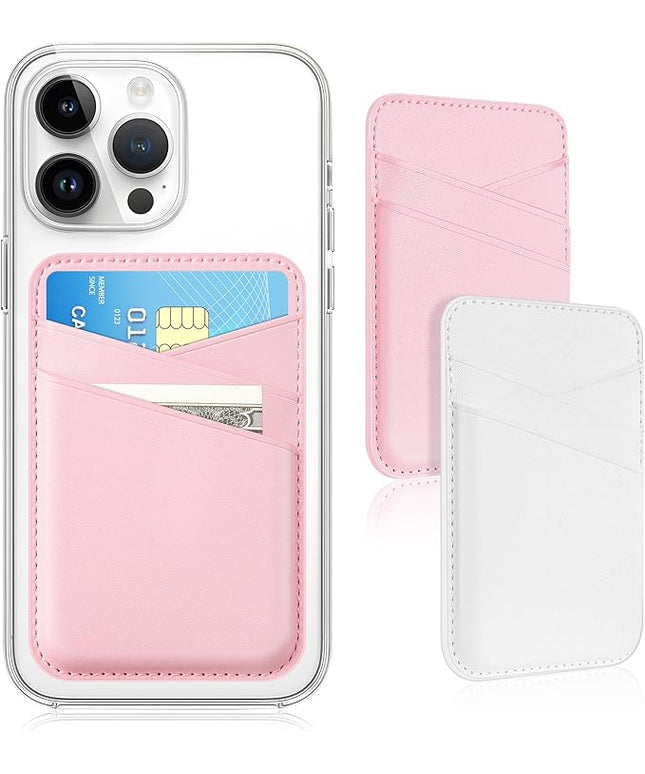 SS Phone Wallet Stick On - Leather Safe Card Holder for iPhone and Samsung Case, Minimalist Double Pocket Back of Cell Phone, Compatible With iPhone 16/15/14/13/12 Series, Pink White (2 Pack)