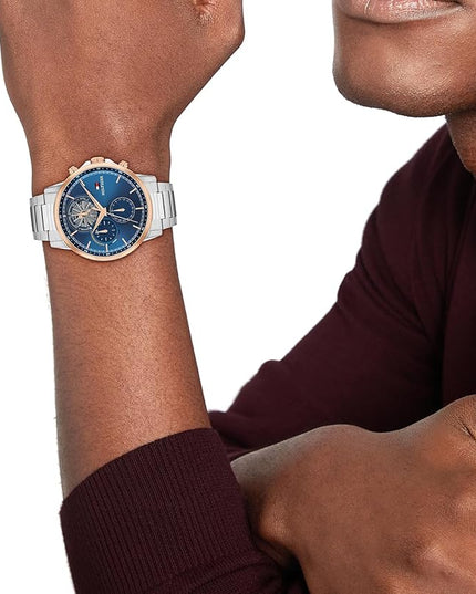 Tommy Hilfiger Men's Multifunction Quartz Watch – 44mm Stainless Steel Case, Double-Layer Dial, Link Bracelet, Skeleton-Inspired Design - Gift for Him