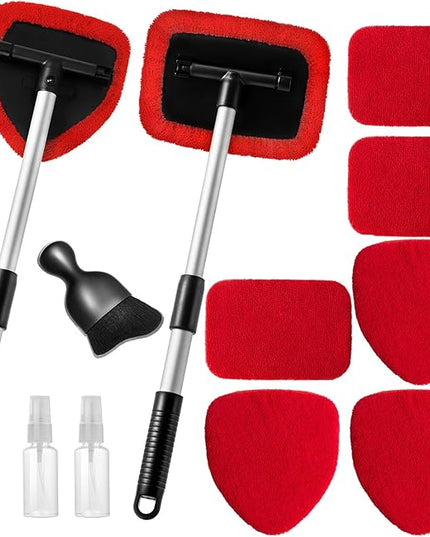 11pcs Windshield Cleaner Tool, Car Window Cleaning Wash Kit with 6 Reusable Microfiber Pads 2 Spray Bottles and Extendable Handles Auto Glass Wiper Kit, Red
