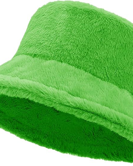 Women Plush Fluffy Bucket Hat Warm Lining Winter Faux Fur Cozy Wide Brim Winter